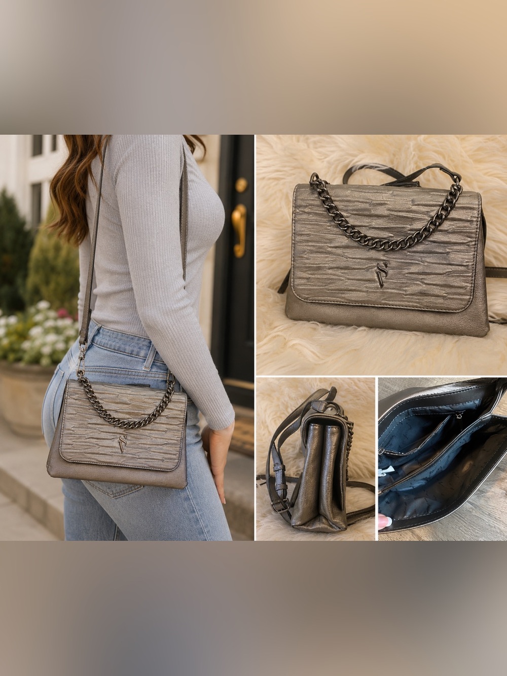 Simply Vera Wang Silver Crossbody Bag Chain Handle Shoulder Purse